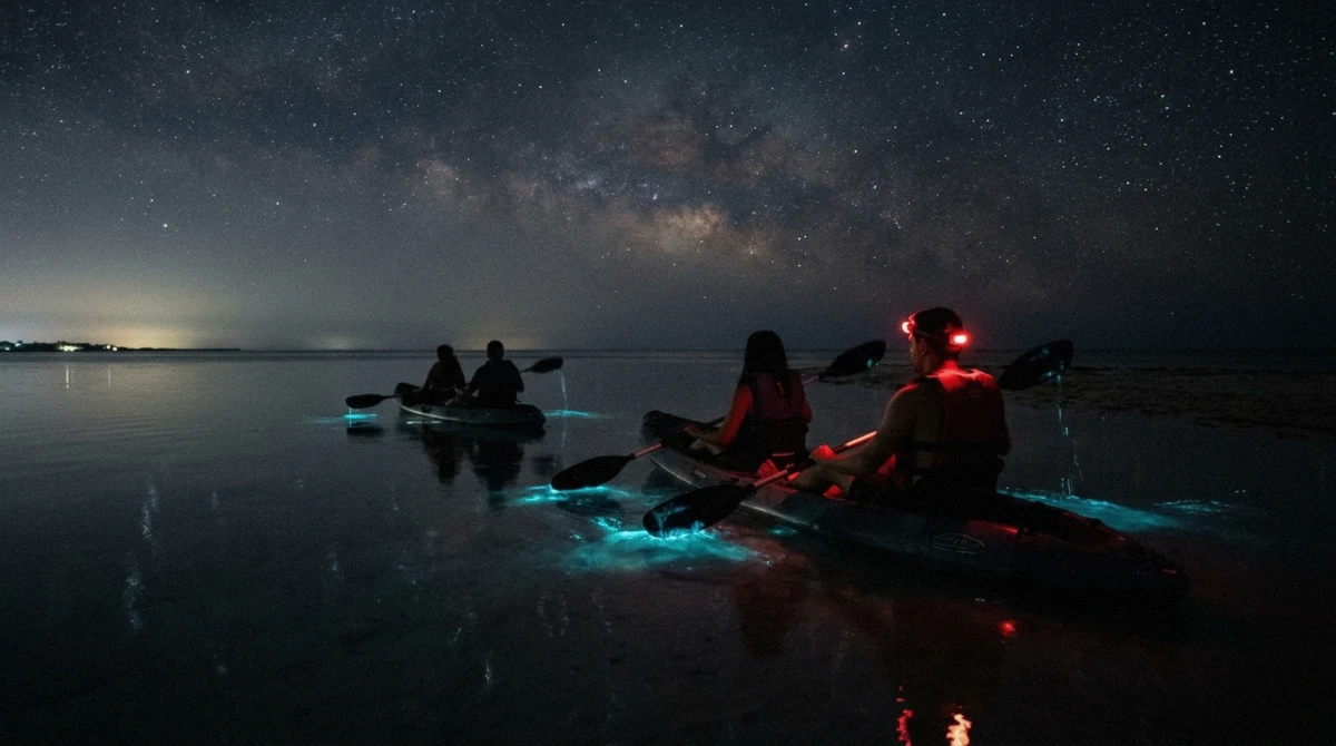 Kayakers at night on black water, a faint blue glow around their paddles under the stars