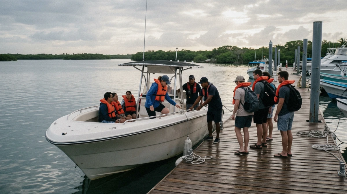 Passengers in life jackets boarding a speedboat at a marina near Cancun in the early morning