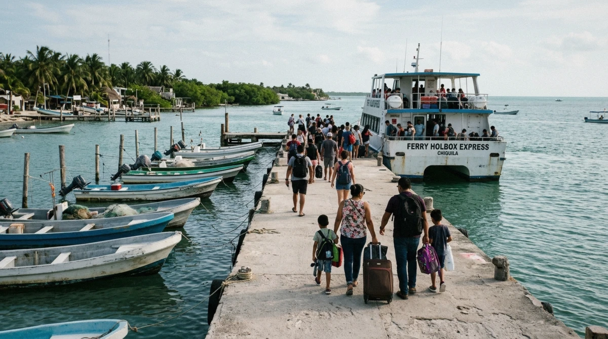 Travelers with rolling bags walking along the Chiquilá pier to a waiting passenger ferry