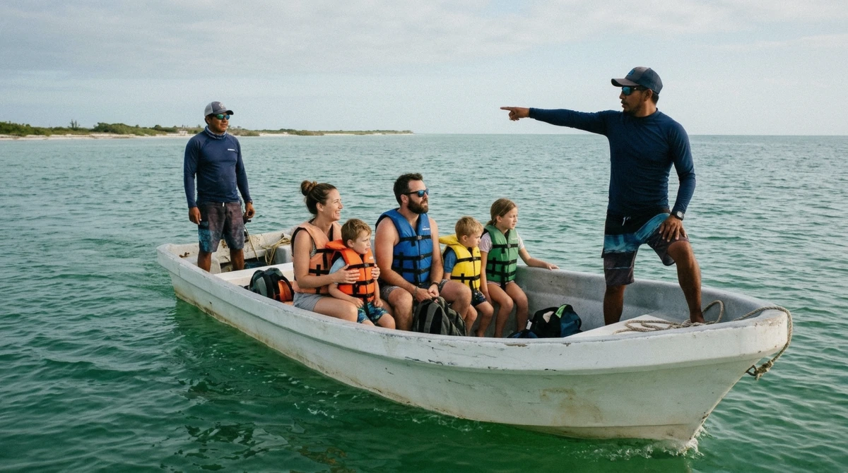 A family in life jackets on a small private boat while the guide points out to sea