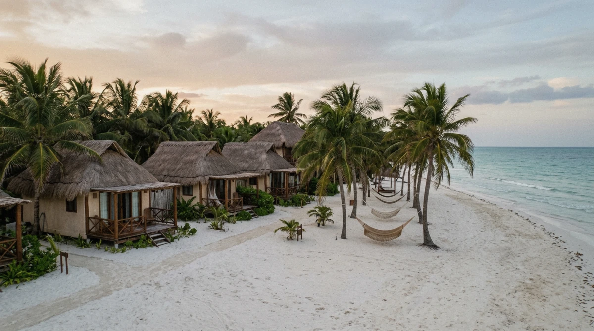 Low palapa-roofed bungalows behind white sand with hammocks between palm trees
