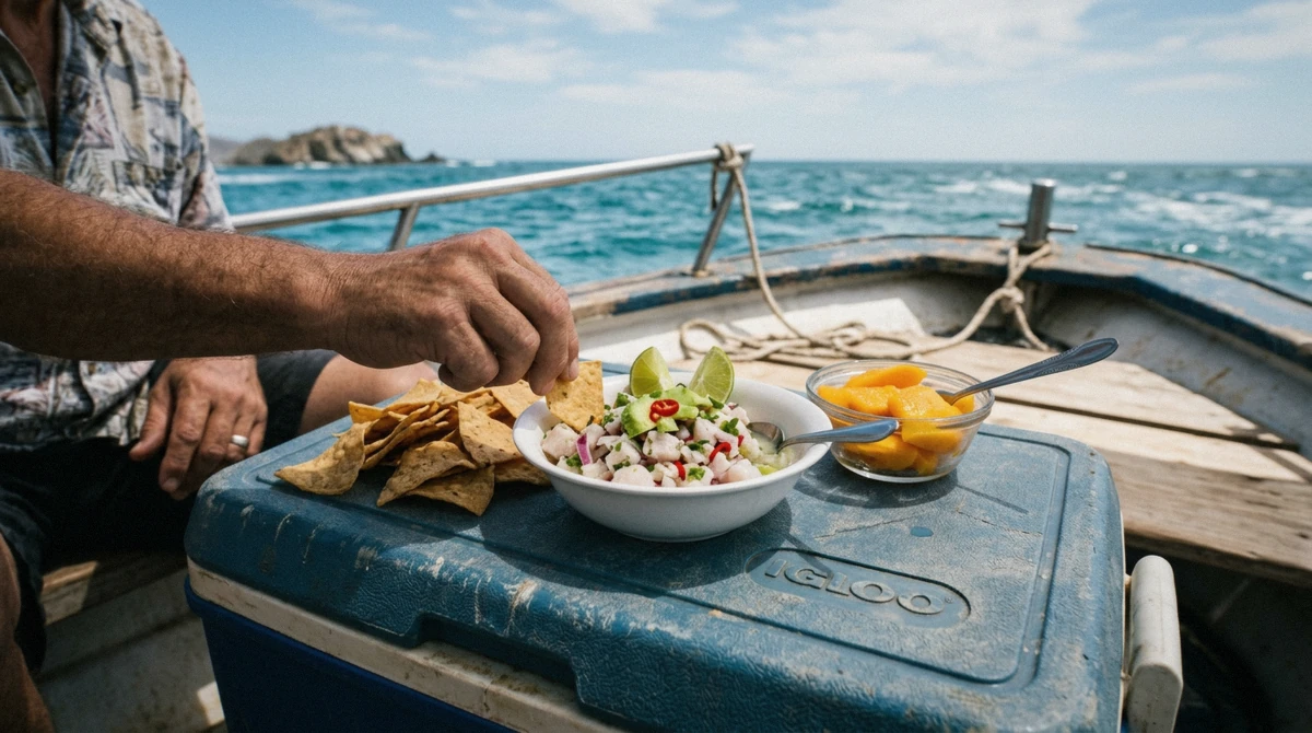 Fish ceviche with lime, tortilla chips and mango on a cooler lid aboard a boat