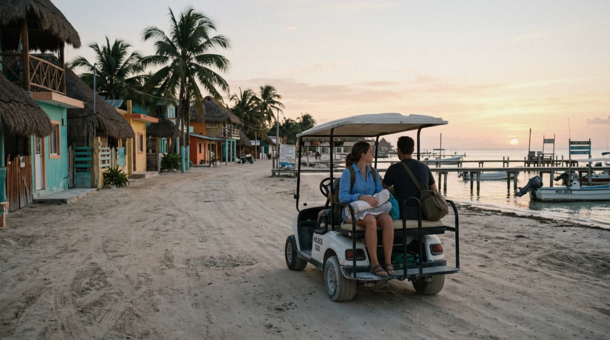 A golf cart carrying two travelers with day bags along a sandy street at sunrise