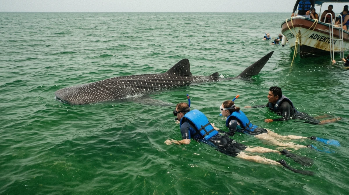 Two snorkelers in life jackets with a guide a few metres from a whale shark at the surface