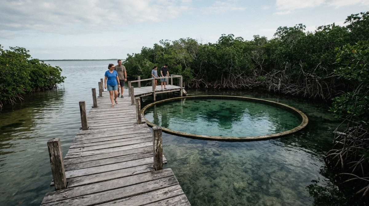 A wooden pier beside a round spring pool surrounded by mangroves