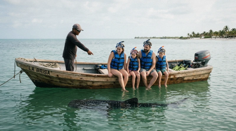 A family in blue life jackets on the side of a small private boat while a guide points at a shark under the water