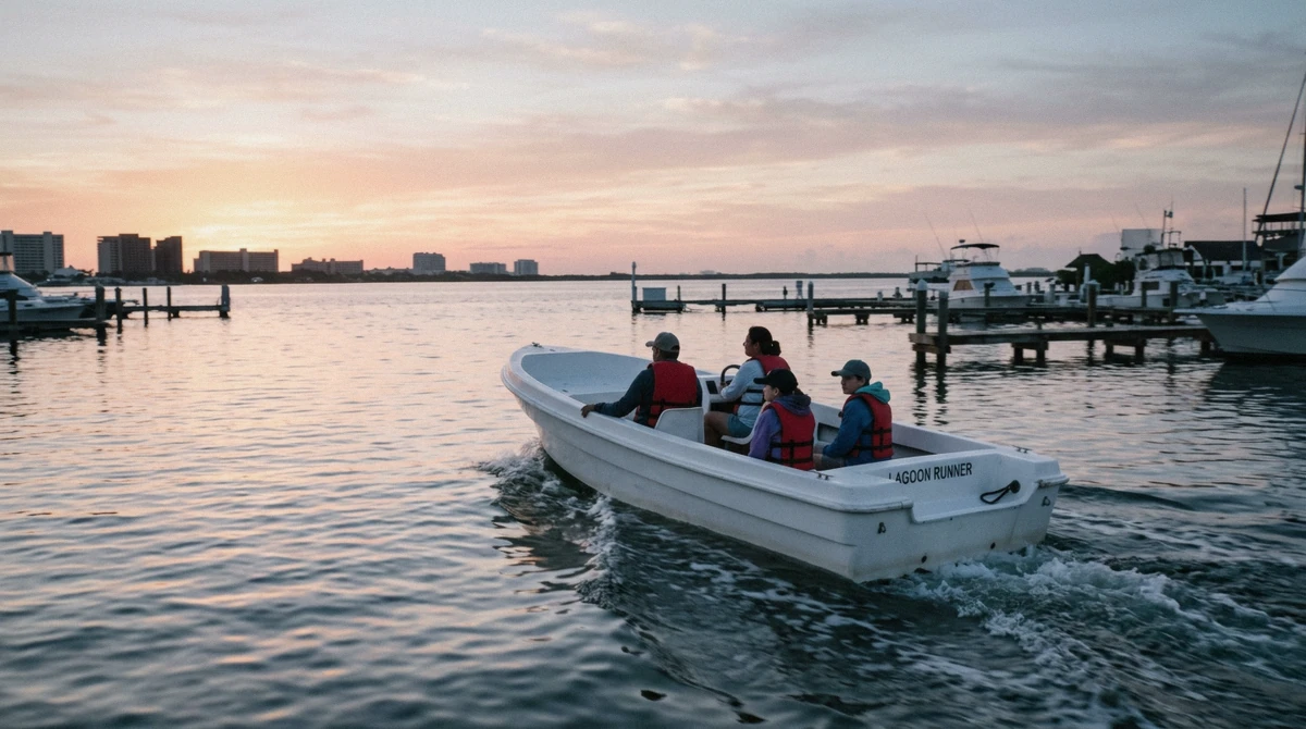 A speedboat leaving a Cancun marina at sunrise with passengers in life jackets