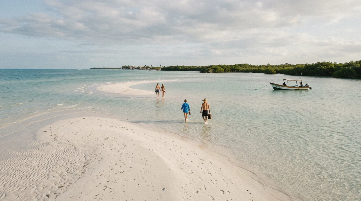 People wading knee-deep across a white sandbar off Holbox at low tide, a small boat anchored nearby