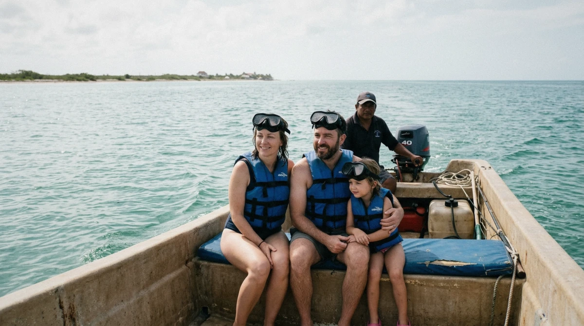 A family in life jackets with masks on their foreheads at the stern of a small private boat off Holbox