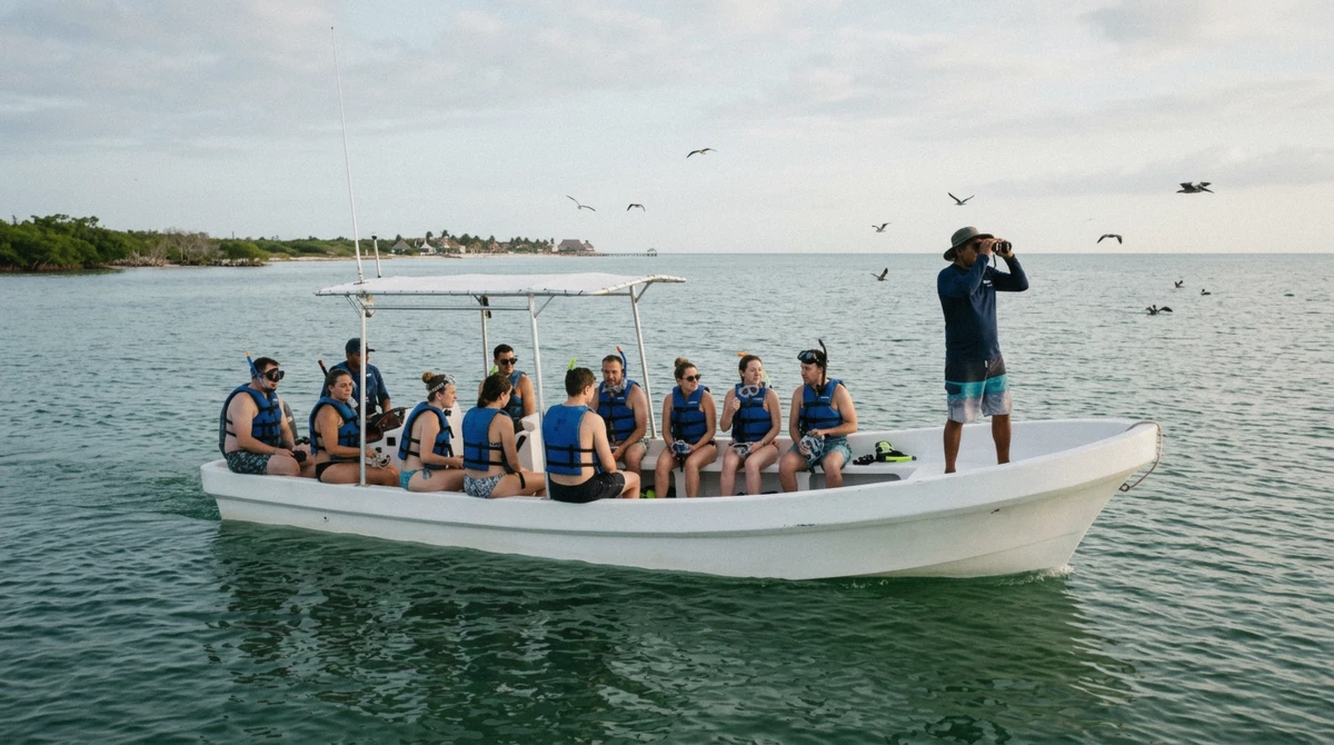 Snorkelers in blue life jackets sitting along both sides of a tour boat while the guide scans the sea off Holbox