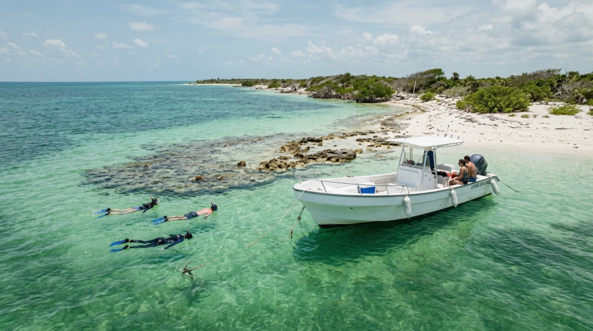 A tour boat anchored in clear shallow water with snorkelers floating near a low reef